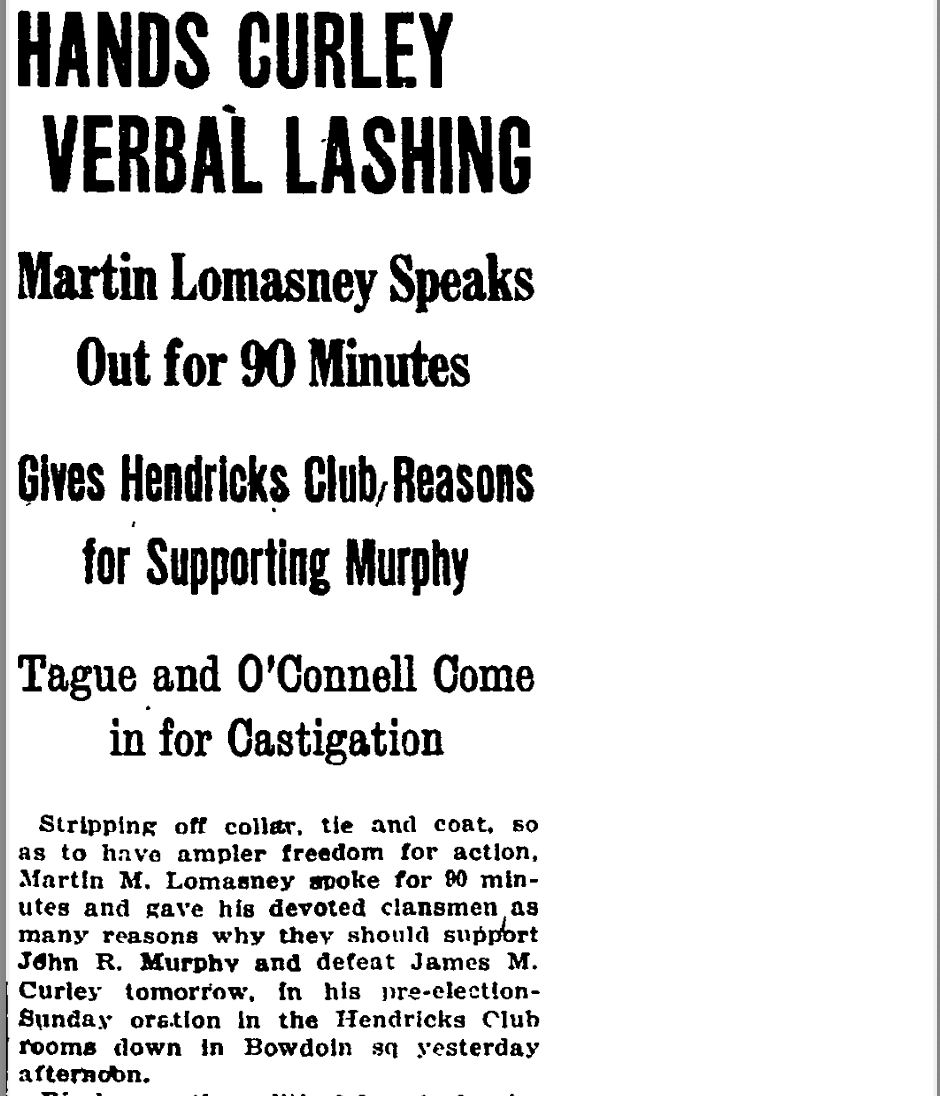 Newspaper clipping describing Martin Lomasney lashing out at James Michael Curley's reelection.